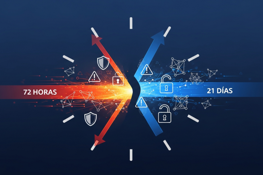 Reloj mostrando contraste entre 72 horas vs 21 días con elementos de ciberseguridad