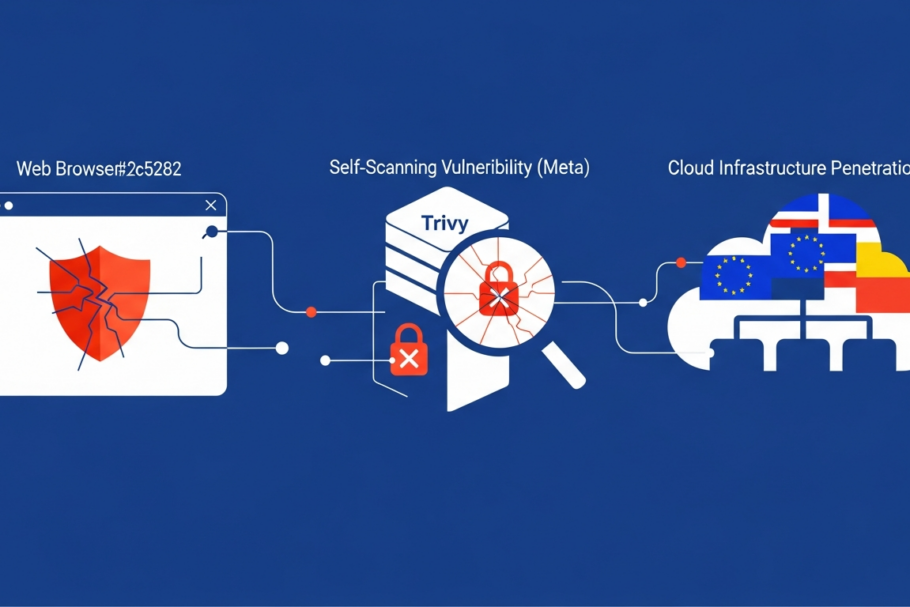 Ilustración de tres vectores de ataque interconectados: navegador Chrome, escáner Trivy, e infraestructura cloud europea